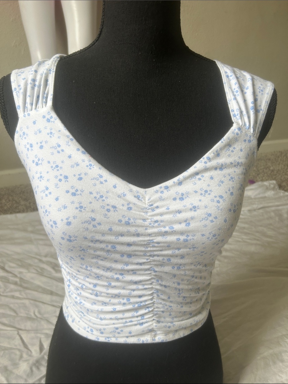 Hollister White Crop Tank with Light Blue Floral Print
